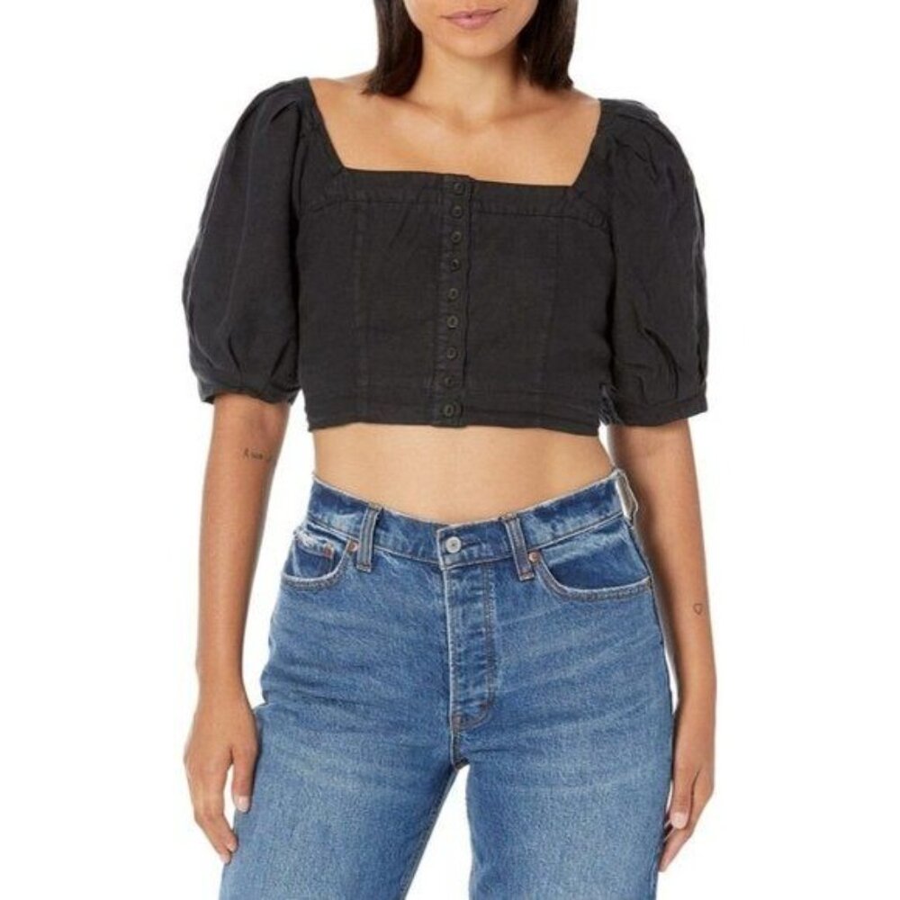 Joie Linen Square Neck Floral Cropped Blouse